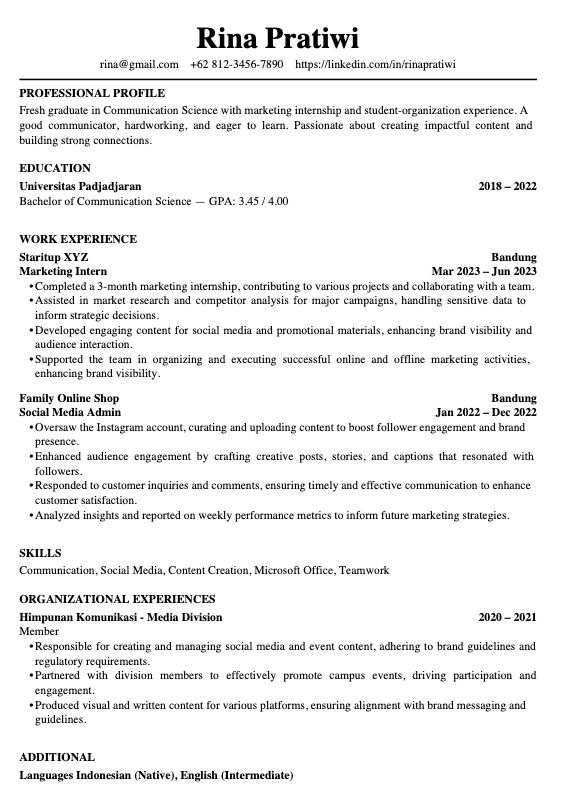 CV yang sama setelah review AI — layout satu kolom yang rapi dan ramah ATS dengan hasil terukur