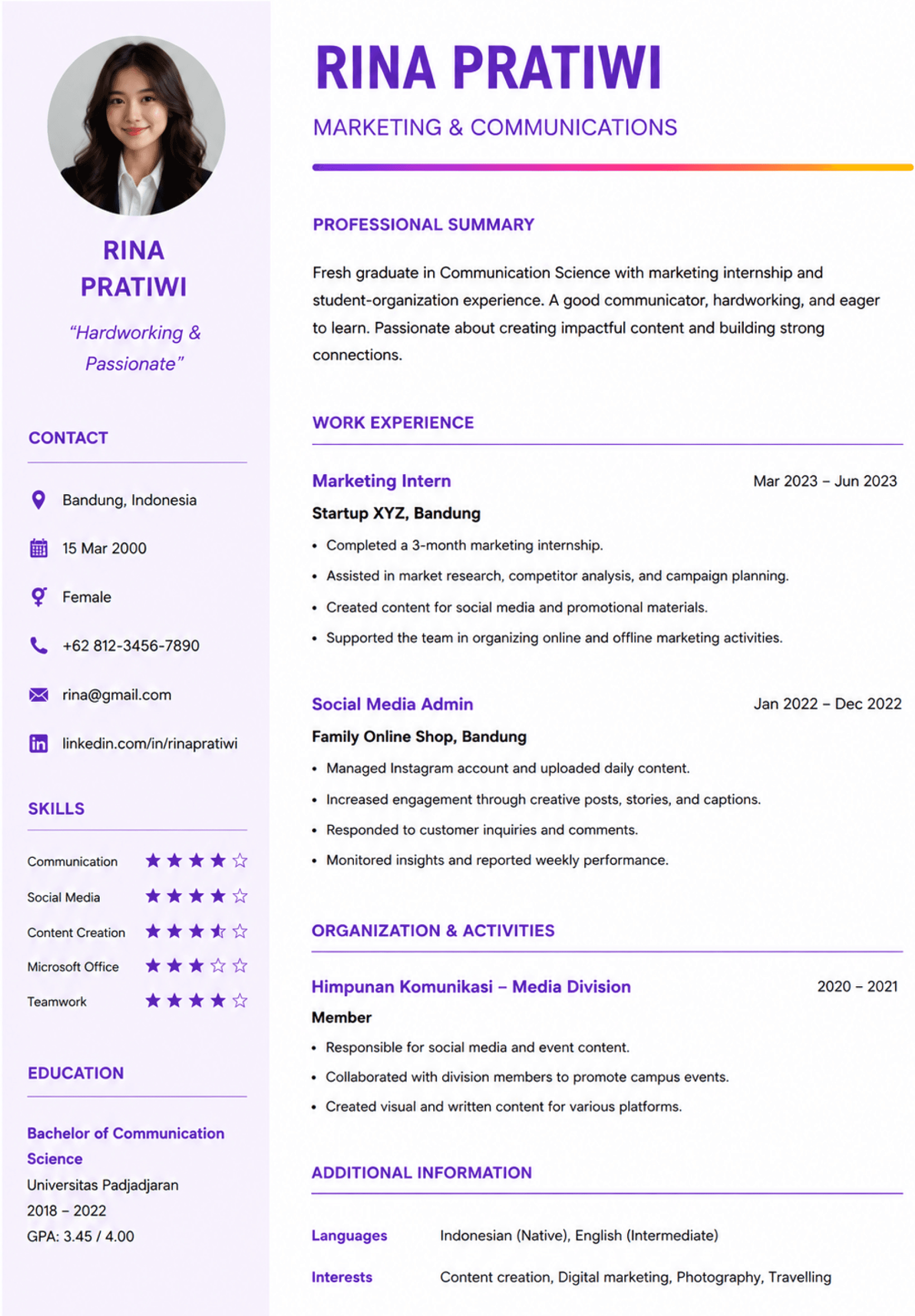 Contoh CV sebelum review AI — layout dua kolom penuh warna dengan foto dan ikon yang tidak terbaca parser ATS